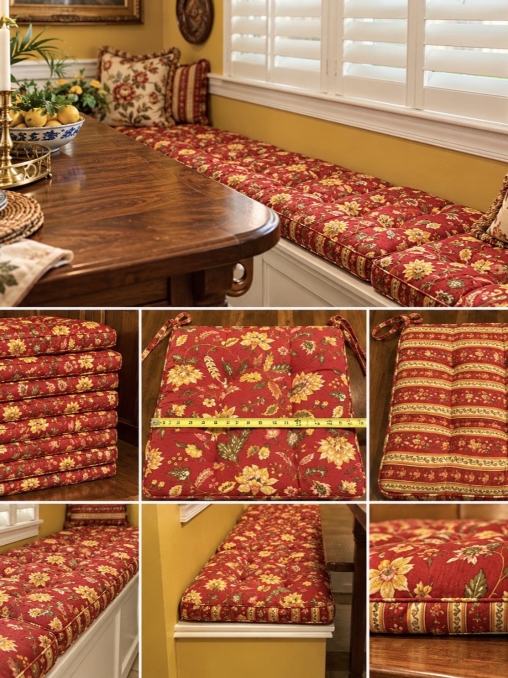 Vintage Reversible Floral Banquette Seat Cushions Set of 9 Red Gold
